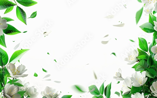 White background, green leaves and white flowers flying in the air, simple composition