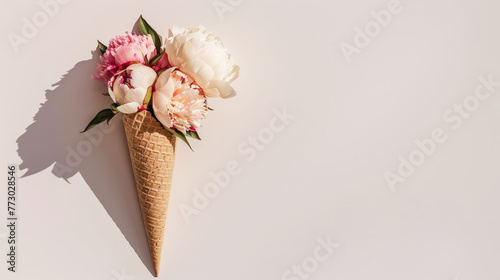 Aesthetic pink peony flowers in the waffle cone against light backdrop, strong shadows, copy space. Generative AI