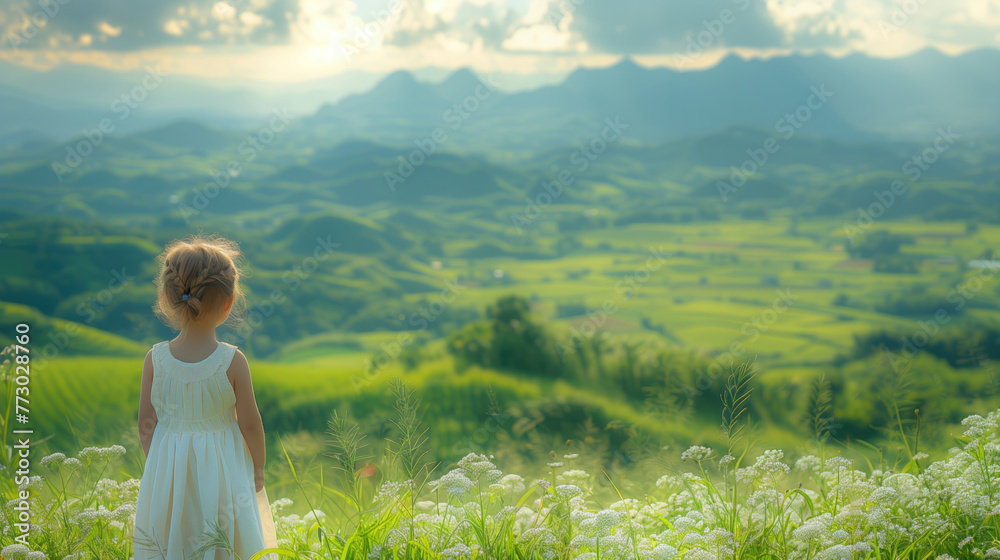 A little girl in a white dress is standing in a flower and field with blooming agricultural plants, Spring flowering and summer season. Beautiful Nature around us, generative ai