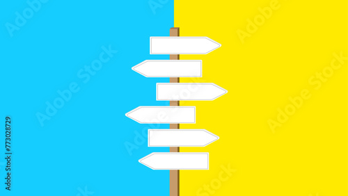 Multiple blank directional signposts, some pointing right and some pointing left. Crossroad post on a vertically split blue and yellow background, symbolizing multiple choices or directions.