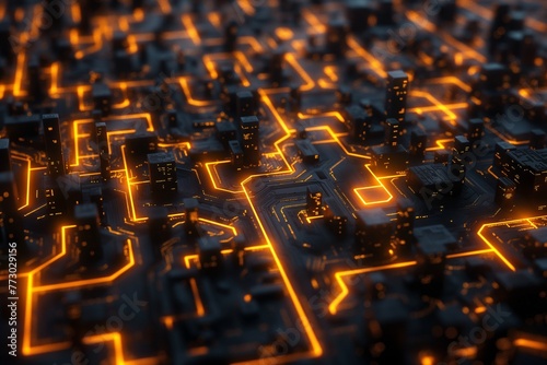Glowing orange lines trace pathways on a dark futuristic circuit board city.