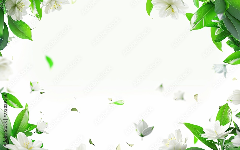 custom made wallpaper toronto digitalWhite background, green leaves and white flowers flying in the air, simple composition