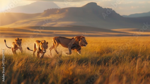 lions running through the savannah predator photo