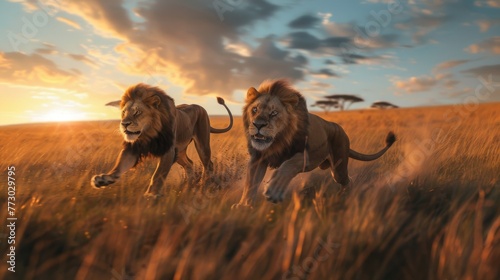 lions running through the savannah predator photo