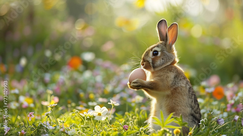 Easter bunny rabbit holding an easter egg in his paws on fresh meadow with spring flowers © Miftakhul Khoiri