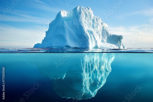 A majestic iceberg reflected in the tranquil blue waters under a clear sky.
