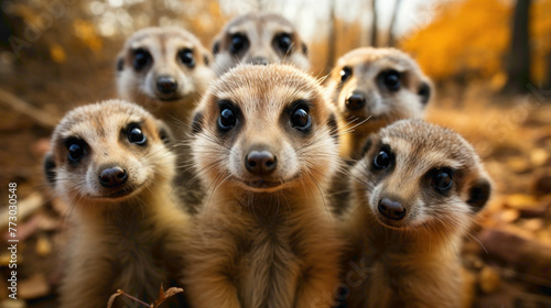 A group of meerkats standing upright, their inquisitive expressions and alert postures capturing the endearing social nature of these small mammals.