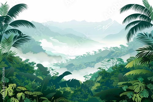 Serene green tropical rainforest landscape with dense foliage and misty mountains, cut out illustration
