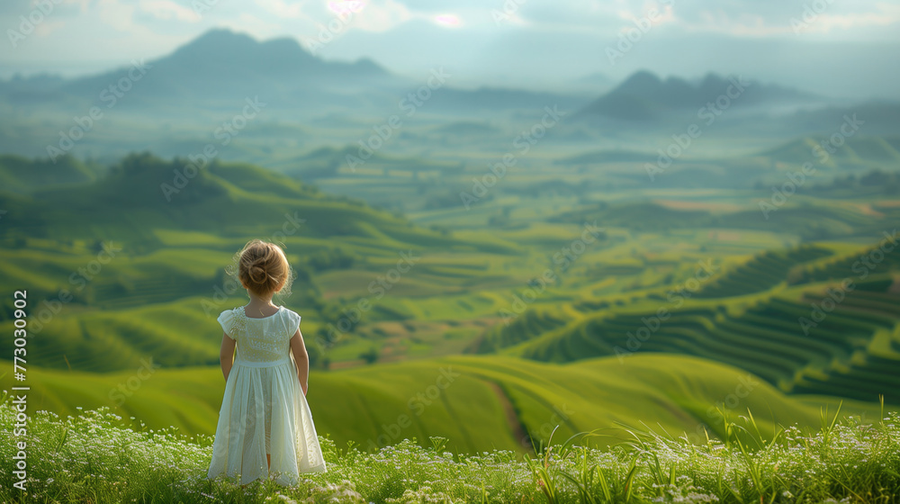 A little girl in a white dress is standing in a flower and field with blooming agricultural plants, Spring flowering and summer season. Beautiful Nature around us, generative ai
