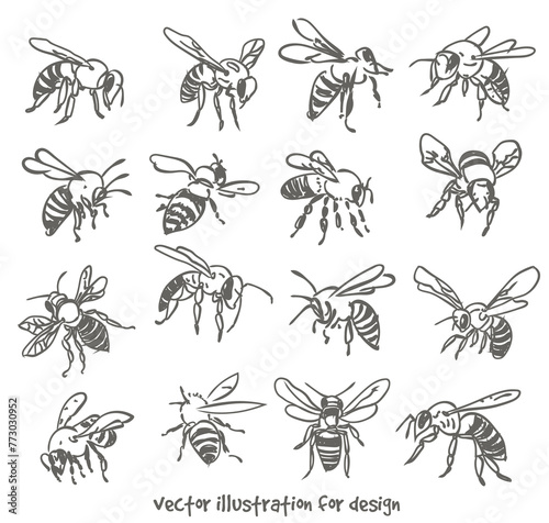 illustration of flying bees. Vector silhouette set 