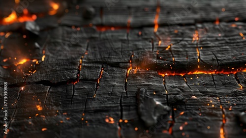 Black charcoal with fire, burnt wood texture background, panoramic banner. Abstract charred timber, pattern of embers. Concept of coal, bbq, grill, barbecue, fire, firewood, smoke. photo