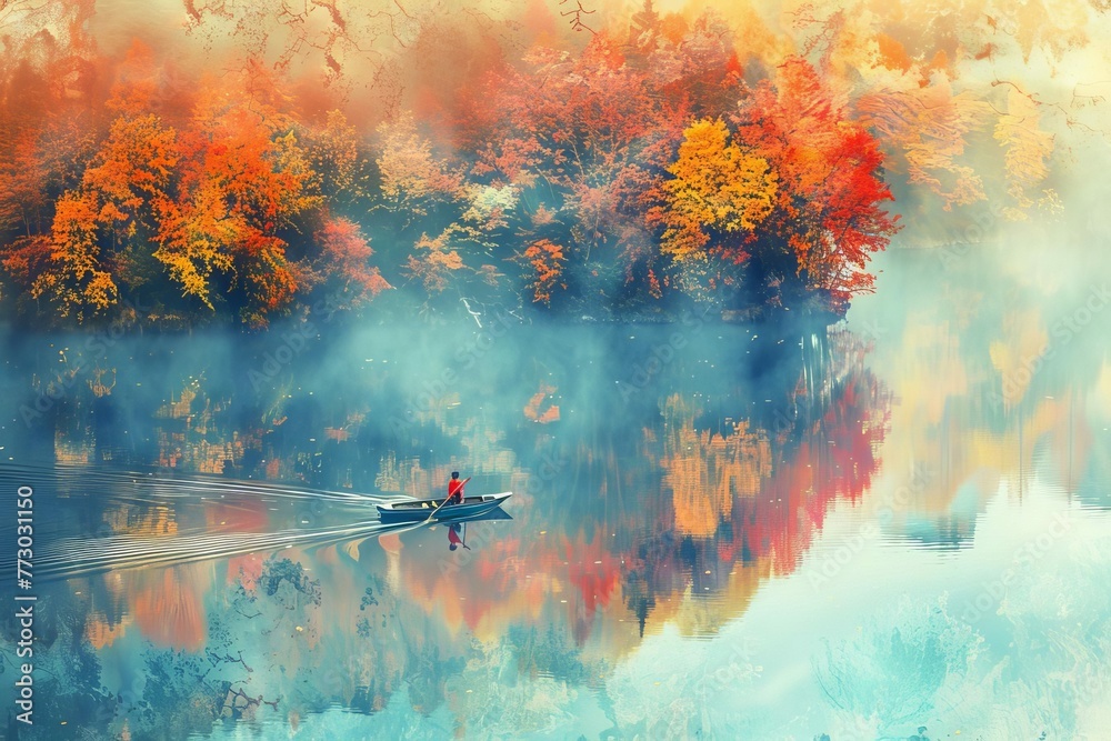 Serene aerial view of person rowing boat on calm autumn lake, tranquil nature landscape, digital painting