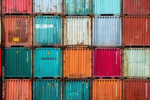 Stacked Cargo Containers at a Busy Freight Sea Port Terminal, Symbolizing Global Trade and Logistics