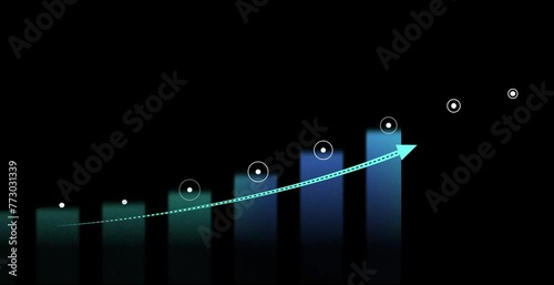 Growing graph with diagram and connected points on a black background. Concept of profit growth and volume increase. Visualization of goal achievement. Cg