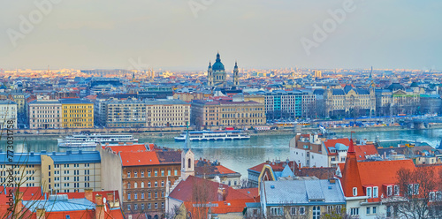 Panorama of Buda roofs and Pest skyline, Budapest, Hungary