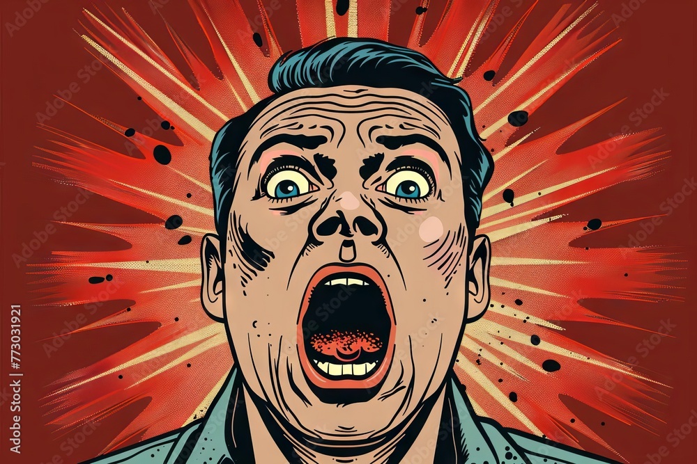 Terrified Man Screaming in Panic, Retro Comic Book Style Pop Art Illustration, Vector Poster Design