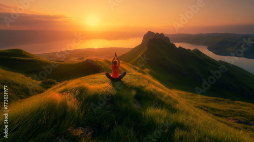 Serene Woman Practicing Yoga on Lush Green Hillside at Sunrise. Tranquil Morning Bliss