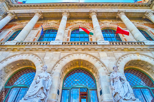 Ornate facade of BME University building, Budapest, Hungary