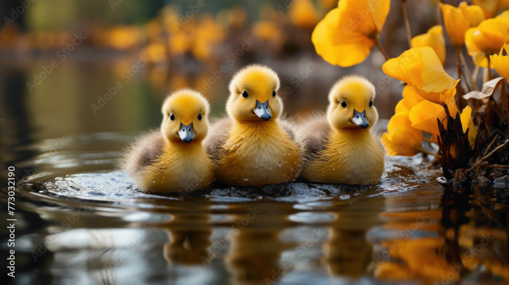 A group of ducklings waddling behind their mother near a pond, showcasing the cuteness of these fluffy, yellow creatures in their natural habitat.
