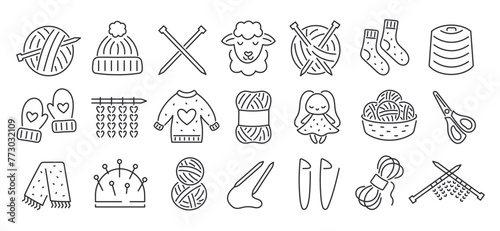 Doodle knitting icon set. Editable stroke