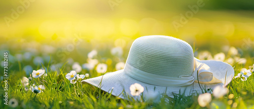 hat on grass in sunshine sunny day backgrounds in the style of delicate flowers