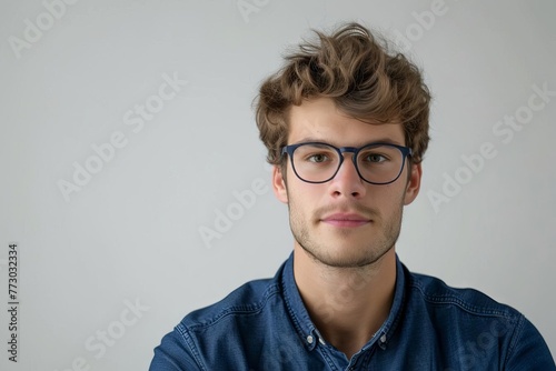 Portrait of a handsome young brunette man wearing eyeglasses and blue shirt, isolated on white background