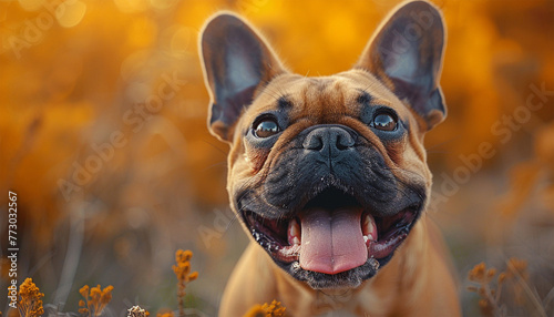 Close up portrait of a French Bulldog. Portrait of a happy pet dog bulldog having fun outside. © annebel146