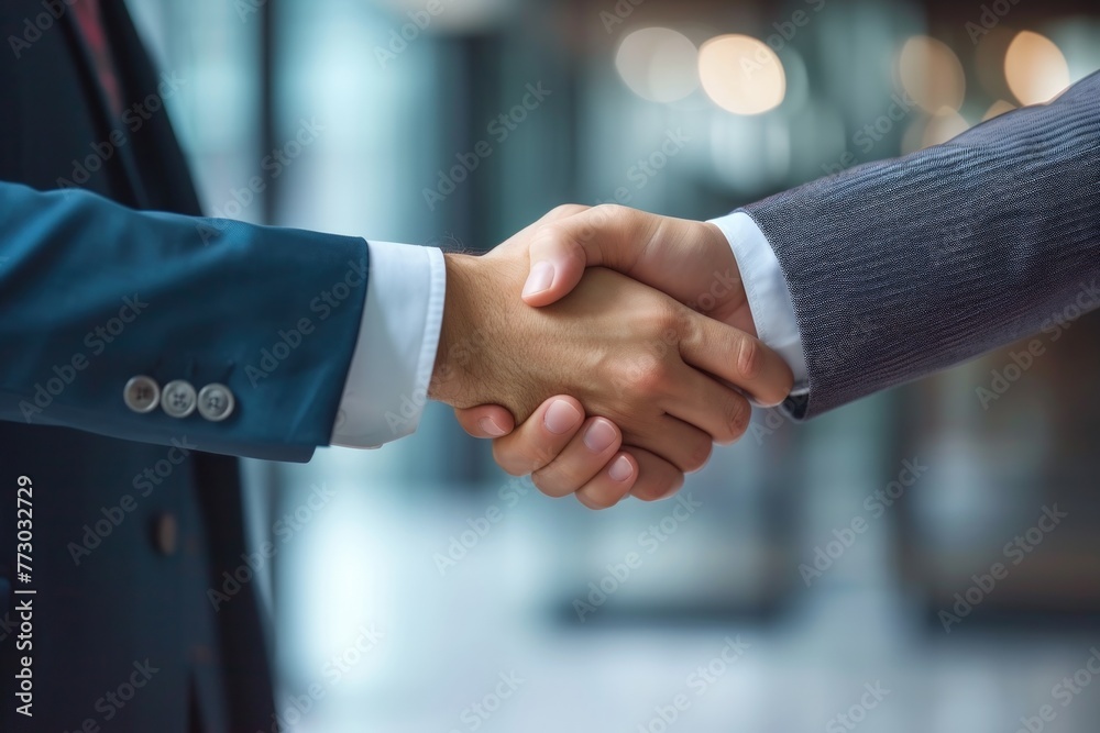 Two men shaking hands in a business setting. Concept of professionalism and trust between the two individuals Two men shaking hands in a business setting. Concept of professionalism and trust between the two individuals