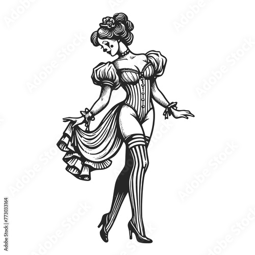 vintage pin-up clown girl wearing a corset and stockings, in a classic pose sketch engraving generative ai fictional character raster illustration. Scratch board imitation. Black and white image.