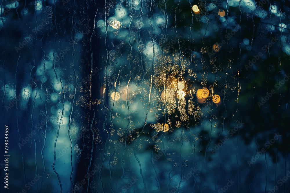 Rain falling in the forest seen through the window
窓越しから見える森林に降る雨