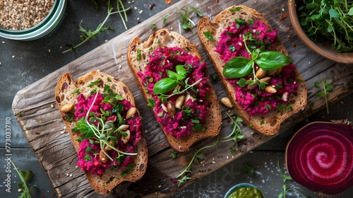 Artisanal sandwiches feature luscious beetroot hummus, paired with crisp vegetables for a delightful vegan meal. 