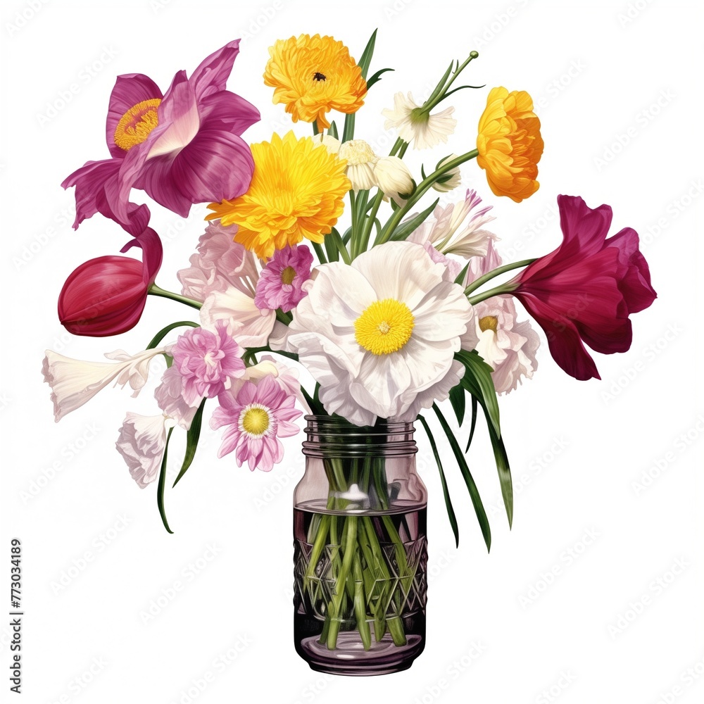 A vase of spring flowers, including daisies and cornflowers on a white background A vase of spring flowers, including daisies and cornflowers on a white background