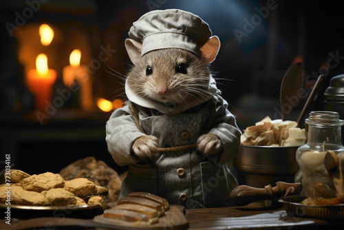 A grey mouse in a chef's hat, cooking up a storm with tiny utensils on a grey background.