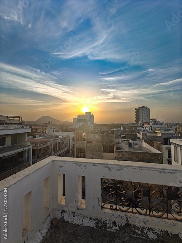 Jaipur.Rajasthan.India 29 March 2024 A beautiful sky sunrise from the terrace