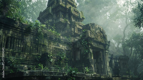Ancient crumbling stone temple hidden in a misty jungle