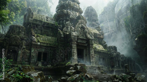 Ancient crumbling stone temple hidden in a misty jungle