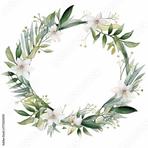 White thin Wedding floral Wreath and leaf and cane on the white background in watercolor style © Minimal Blue