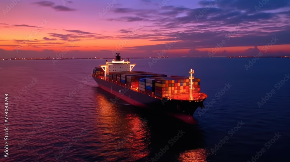 Transportation of international Container Cargo ship and Cargo plane in the sea on sunset sky background