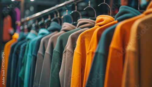 hoodies and sweatshirts hang on hangers in clothing store