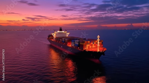 Transportation of international Container Cargo ship and Cargo plane in the sea on sunset sky background © SULAIMAN