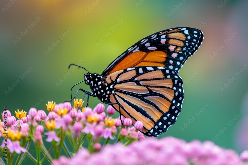 Close-up view of a vibrant monarch butterfly perched on a colorful wildflower Close-up view of a vibrant monarch butterfly perched on a colorful wildflower