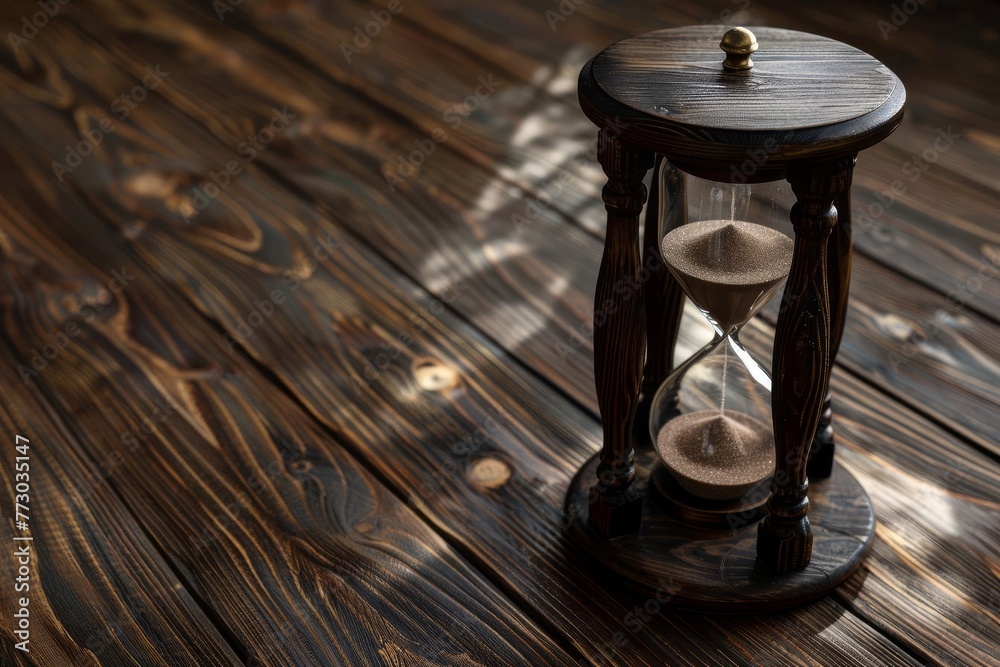 Vintage Hourglass on Dark Wooden Floor, Concept of Time and Mortality