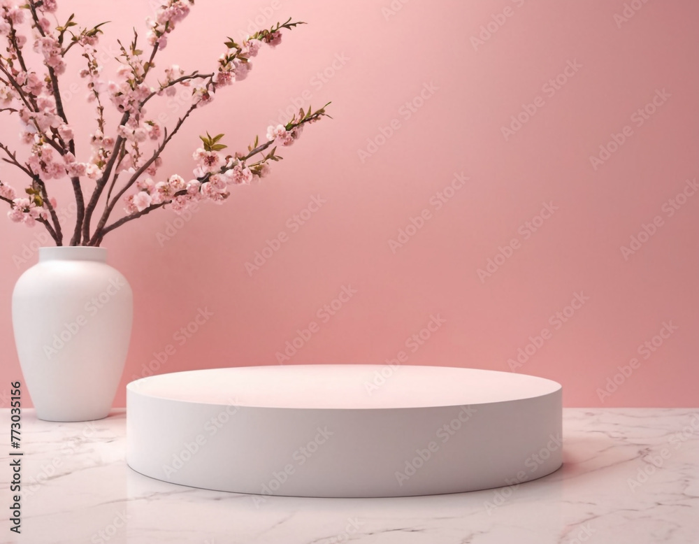 White Podium with Pink and cherry blossom Background generative ai White Podium with Pink and cherry blossom Background generative ai