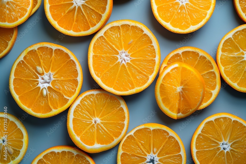 Fresh sliced oranges arranged on a blue surface around a white circle in the center