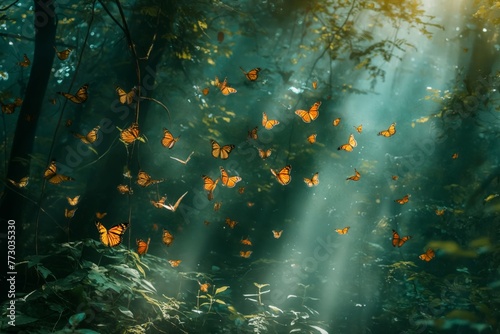 Magical scene of numerous butterflies soaring in a misty, sunlit enchanted forest