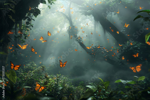 Enchanted and mystical butterfly forest with ethereal and magical atmosphere. Fluttering butterflies. Misty woodland. Vibrant foliage. Serene and tranquil environment