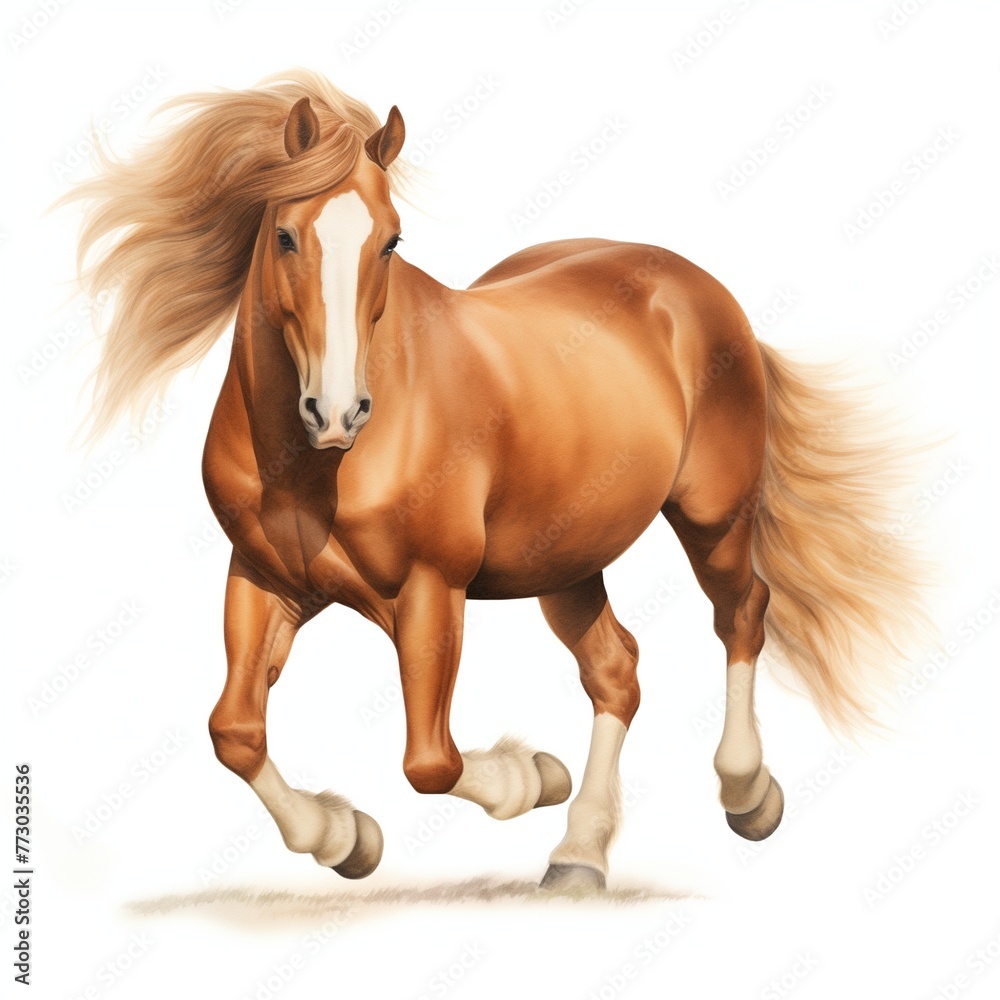 Watercolor illustration of a full body chestnut pony Watercolor illustration of a full body chestnut pony