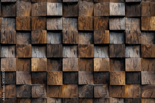 Wooden acoustic panels seamless pattern, brown wood wall texture banner panorama, interior design 3D illustration background photo