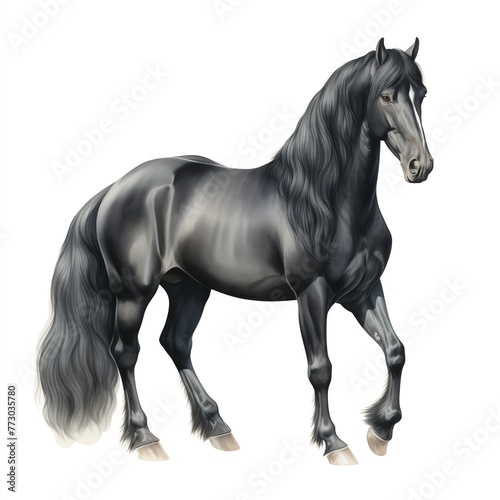 Watercolor full body black horse with a beautiful mane