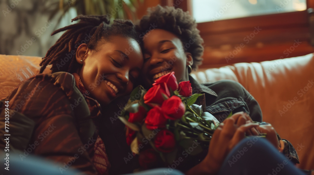 Happy young african american lesbian couple hugging with flowers. Engagement celebration. Pride concept. Generative AI